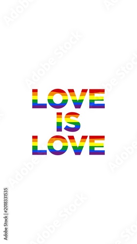 Love is love greeting typography text with wavy rainbow colors on white background.