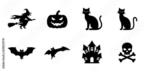 Halloween Icons Set: Witch, Pumpkin, Black Cats, Bats, Haunted House, Skull & Crossbones Vector Graphics