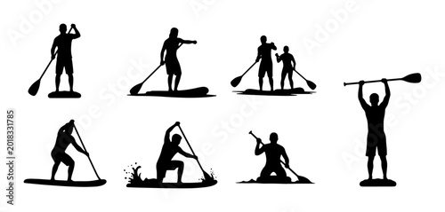 Stand Up Paddleboard Silhouettes: Diverse Actions, Solo and Duo Paddlers, Water Sports Vector Set
