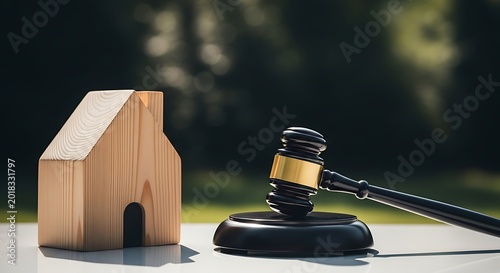 Wooden house model and gavel symbolize legal decisions in real estate