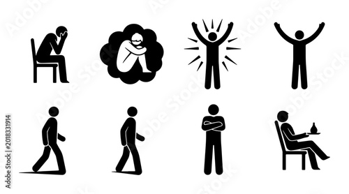 Foto Stick Figure Emotions and Actions Set, Human Emotion Icons, Diverse Moods and Po