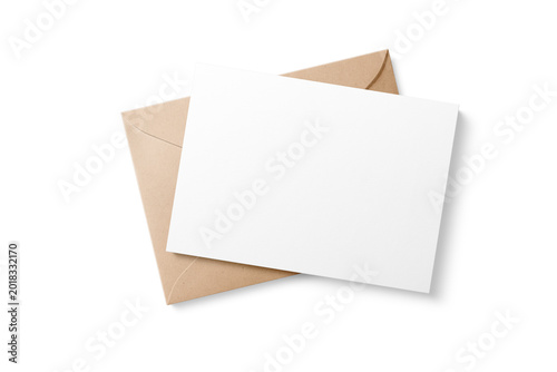 Kraft paper euro flap envelope and 5x7 invitation card mockup isolated on transparent background, PNG. High Resolution