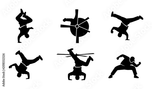Foto Breakdancing Silhouette Icons, B-boy Moves Set, Urban Dance Styles, Dynamic Hip