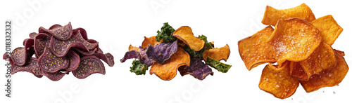 Foto Three piles of vegetable chips including purple sweet potato chips, sweet potato