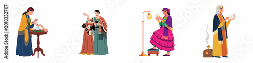 Foto Collection of fortune tellers and psychics performing various divination rituals like palmistry, tarot reading, and crystal ball gazing in colorful ethnic costumes