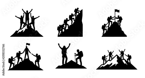 Foto Summit Success Vector Icons: Climbing Team Achievement, Mountain Peak Victory, A