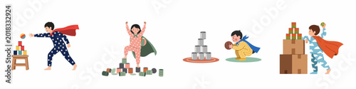Bild auf Leinwand Set of illustrations depicting children in pajamas and capes playing indoor games like tin can toss and stacking cans during playtime