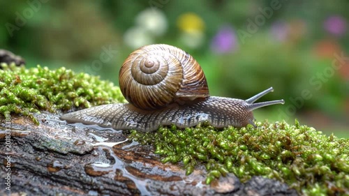 Close-up of a snail with a spiral shell moving slowly across a moss-covered log in a natural environment