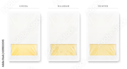 Photos Rectangle tray container mockup with sliced Gouda, Madam and Tilsiter cheese