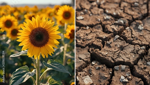 A split-screen image contrasting a vibrant sunflower in a lush field with a parched, cracked earth landscape.