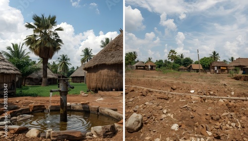 A split-screen view of a rural village with a water pump and thatched huts, contrasting with a dry and barren landscape.