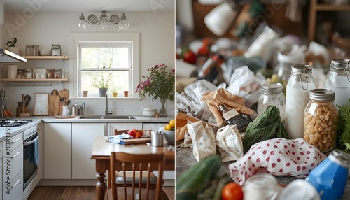 A modern kitchen with a dining table and a close-up of various food items on a countertop