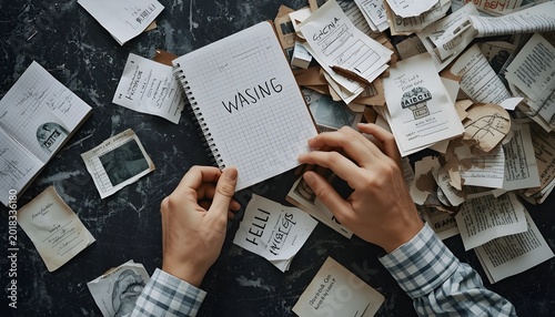 A person sits at a cluttered desk surrounded by scattered papers and notes, holding a notebook with the word 'waiting' written on it.