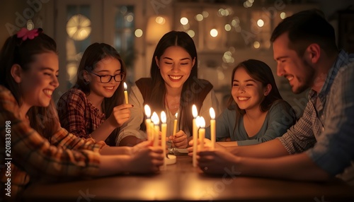 A family gathers around a table with lit candles in a warm and cozy atmosphere