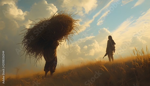 A person carrying a large bundle of hay in a field with another person standing in the distance under a cloudy sky