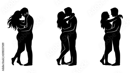 Fotografía Romantic Couple Silhouettes, Love Embrace Vector Icons, Intimate Pair Poses, Aff