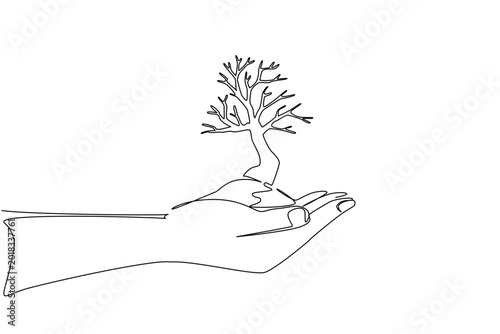 Continuous line drawing of giant human hand lifting cracked earth with a dead tree. Barren land phenomena nature concept for World Day to Combat Desertification and Drought environmental infographic