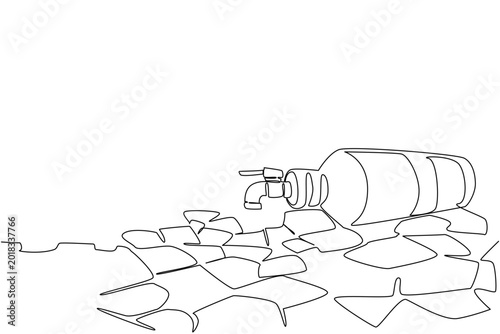Photography One line draw of empty plastic bottle with tap like water gallon lying on arid cracked dirt ground
