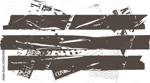 Fotografía Abstracted newspaper clippings with dark brown horizontal stripes obscuring text