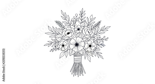 Vászonkép Hand-drawn floral bouquet, elegant line art with delicate flowers and leaves, isolated on white