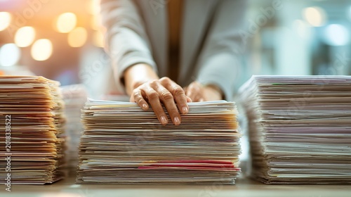 A person organizing stacks of paperwork on a table in a blurred office background