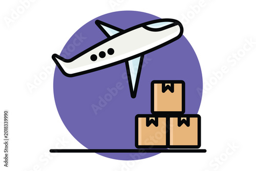 Cargo plane icon. A white cargo plane taking off above a stack of three tan cardboard boxes, colored outline icon style