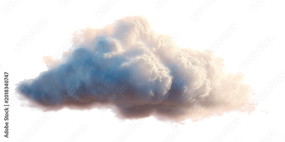 Fototapeta premium Realistic white cloud with blue and white tones isolated on transparent background, fluffy cumulus atmospheric weather element for design and illustration, transparent png file