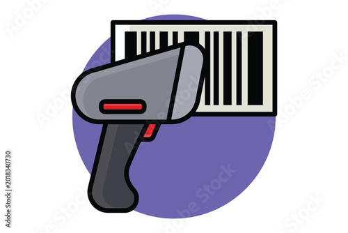 Barcode scanner icon. A gray handheld barcode scanner aiming at a rectangular barcode label,  colored outline icon style