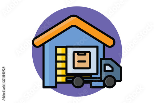 Distribution center icon. A blue distribution center building with an orange roof and a delivery truck parked in front,  colored outline icon style