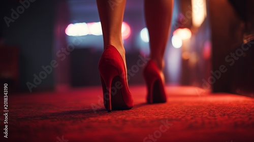 Close up low angle photo of a woman legs wearing elegant red high heel shoes walking confidently along a dimly lit red carpet at a luxury evening event in night bar, pub