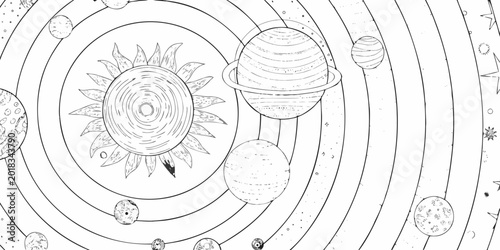 Billede på lærred Solar system diagram black and white line art illustration
