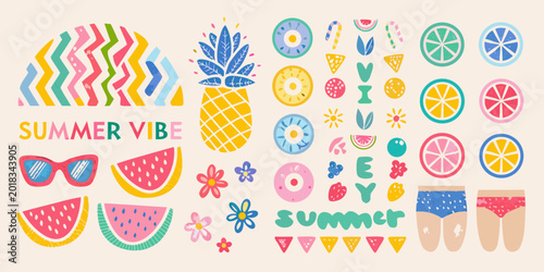 Canvas Print colorful summer elements illustration with pineapple watermelon and citrus fruit