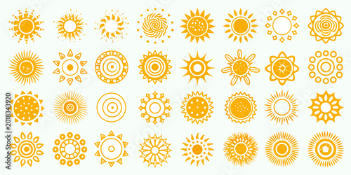 Collection of sun icons various styles yellow on white background