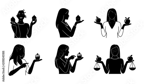 Quadro su tela Healthy Choice Vector Icons: Woman Choosing Apple Over Cupcake, Diet Balance, He