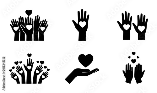 Bild auf Leinwand Set of 6 Vector Icons: Hands with Hearts, Love, Care, Support, Charity, Kindness
