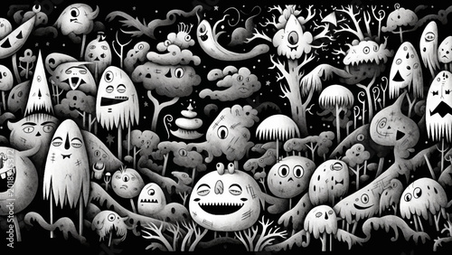 Tableau sur toile Black and white cute creepy psych surreal forest vector background, linotype sty
