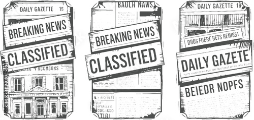 Three vintage newspaper pages with headlines breaking news and classified ads