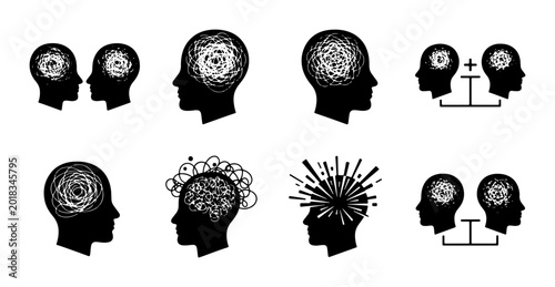 Schilderij op canvas Abstract Brainstorming Icons, Mental Chaos and Clarity Concepts, Silhouette Head