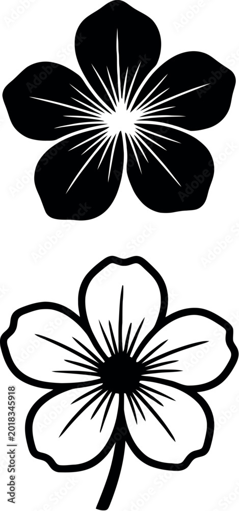 Obraz premium Minimalist Black and White Cherry Blossom Floral Vector Icons Set with Solid and Line Art Outline Designs for Spring Decoration and Patterns