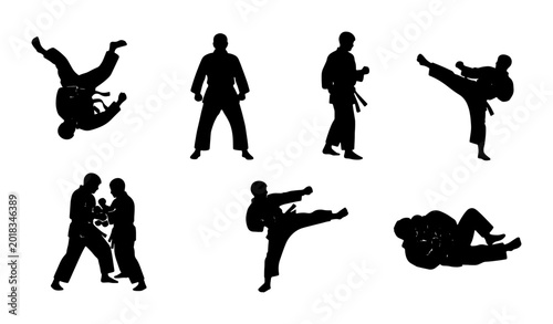 Foto Martial Arts Silhouette Set, Karate Combat Action Poses, Judo Grappling Figures,