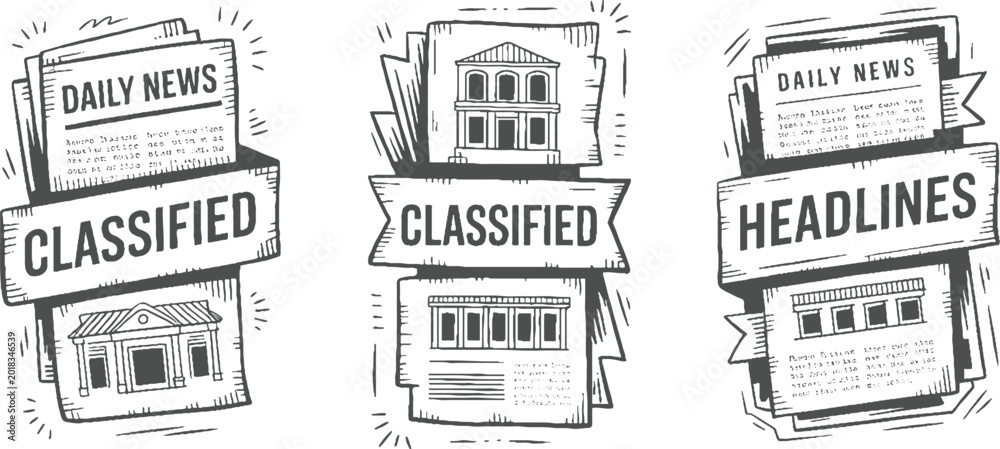 Naklejka premium Three newspaper sections with headlines daily news classified and headlines featuring architectural