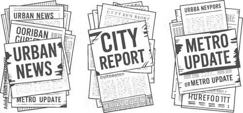 Foto Three stacks of newspapers with bold headlines urban news city report metro upda