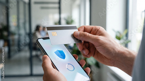 A person securely making an online payment using a credit card and smartphone in a modern office setting.