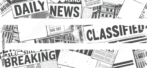 Collage of vintage newspaper headlines and classified ads in grayscale daily breaking