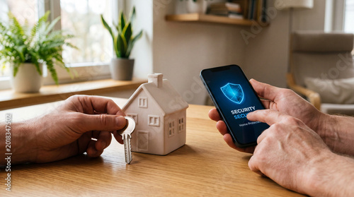 A person securing their home with a smartphone and a set of keys on a wooden table.