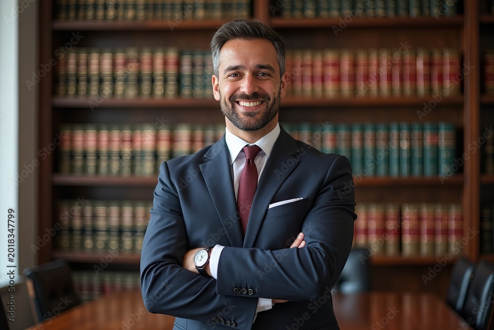 Fototapeta premium Confident Male Attorney Stands in Office, Arms Crossed, Surrounded by Books and Legal Banners