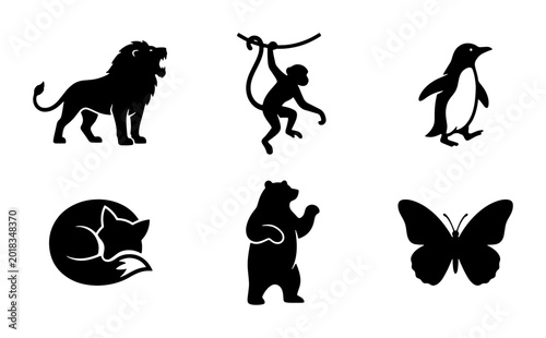 Photography Six Silhouette Animals Vector Icons: Lion, Monkey, Penguin, Fox, Bear, Butterfly