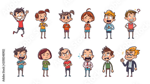 Valokuva A Palette of Childhood Emotions: A vibrant collection of cartoon children displaying a wide spectrum of human emotions, from elation and excitement to confusion and anger