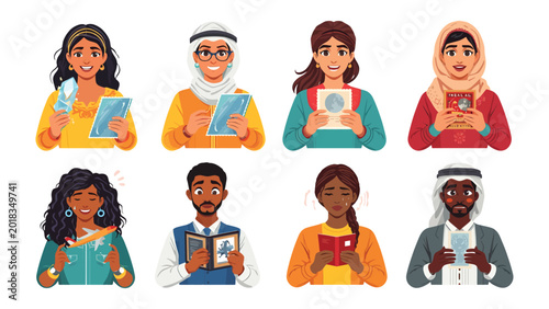 Φωτογραφία Diverse Individuals Engaged in Reading: A collection of eight diverse individuals, each from different cultural backgrounds and ethnicities, are depicted holding books