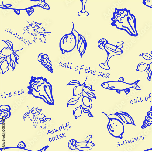 Amalfi Coast, the Call of the Sea. Doodle-style seamless pattern with vector images of fish, lemons, seashells, and cocktails.
